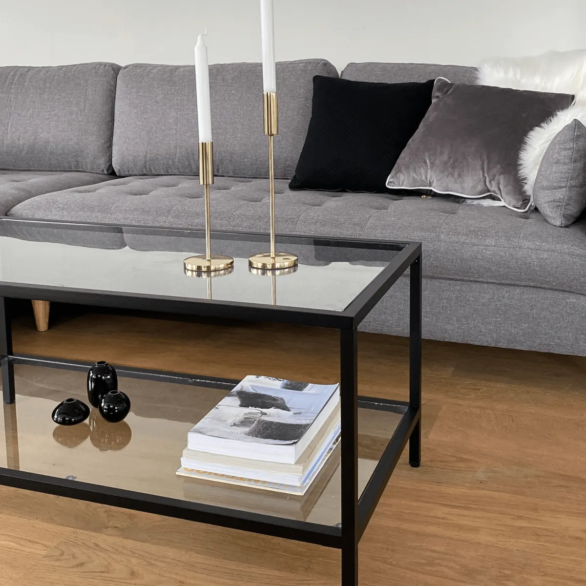 Nimara Bianca sort sofabord metalstel og glas - 100x50x40 cm* Sofaborde