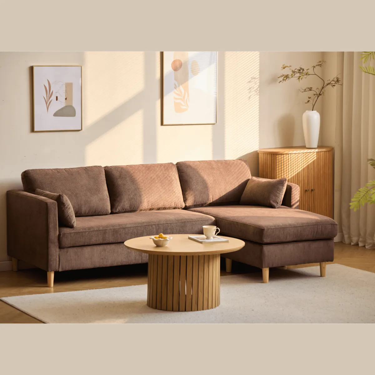 Nimara Ellis - Højrevendt og venstrevendt vendbar chaiselong sofa brun fløjl - L: 215 x D: 82 x H: 78 cm* Sofaer