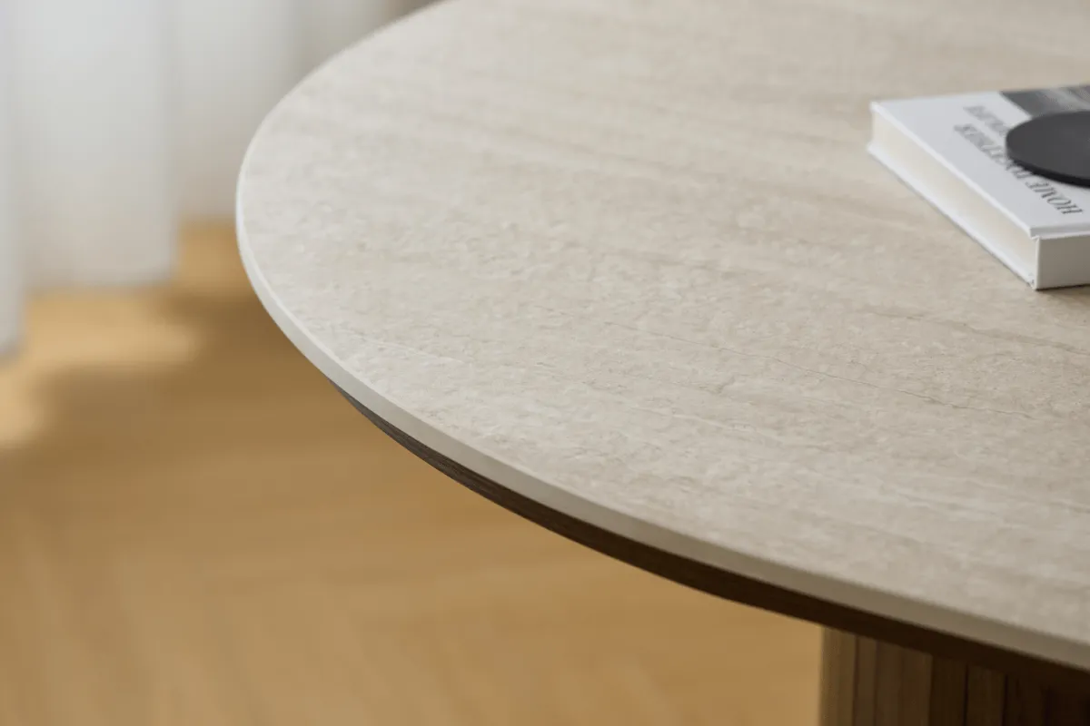 Nimara Enzo ovalt spisebord med stenbordplade i beige og lamelfod i røget eg 220x100x76 cm* Spiseborde