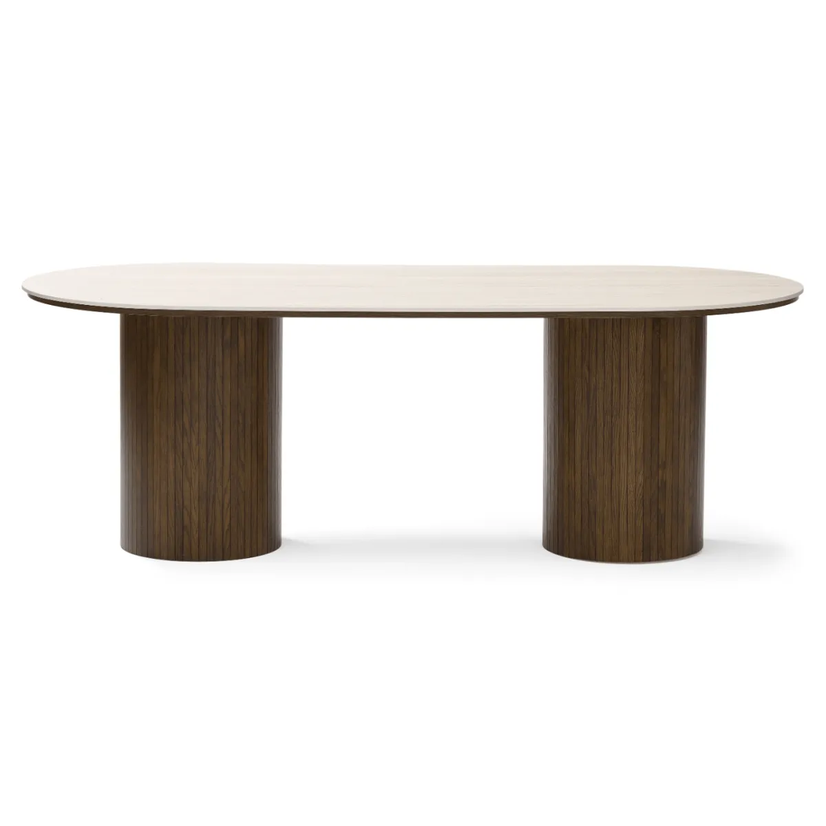 Nimara Enzo ovalt spisebord med stenbordplade i beige og lamelfod i røget eg 220x100x76 cm* Spiseborde