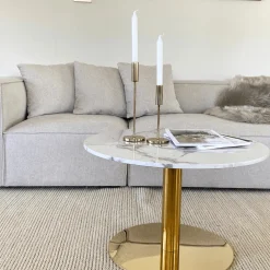 Nimara Lazio rundt sofabord i hvid marmor look med guld/messing ben Ø70 cm* Sofaborde