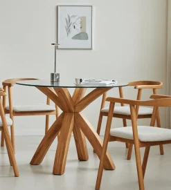 Nimara Sidney - Glas spisebord med ben i massiv egetræ Ø100 cm* Spiseborde
