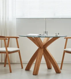 Nimara Sidney - Glas spisebord med ben i massiv egetræ Ø100 cm* Spiseborde