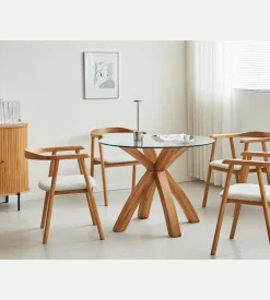 Nimara Sidney - Glas spisebord med ben i massiv egetræ Ø100 cm* Spiseborde