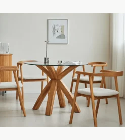 Nimara Sidney - Glas spisebord med ben i massiv egetræ Ø100 cm* Spiseborde