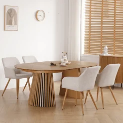 Nimara Spisebordssæt - Lewis lamel spisebord Ø120 cm med udtræk i egefiner + 6 x Jenna spisebordsstole i beige* Spisebordssæt