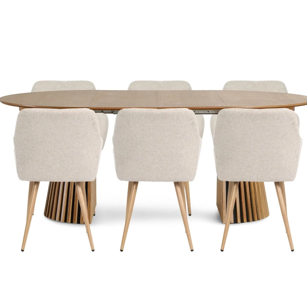 Nimara Spisebordssæt - Lewis lamel spisebord Ø120 cm med udtræk i egefiner + 6 x Jenna spisebordsstole i beige* Spisebordssæt
